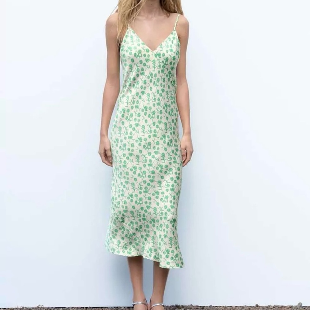 ZARA Green Floral Slip Dress Size XS | Midi Satin Spaghetti Strap Summer Dress